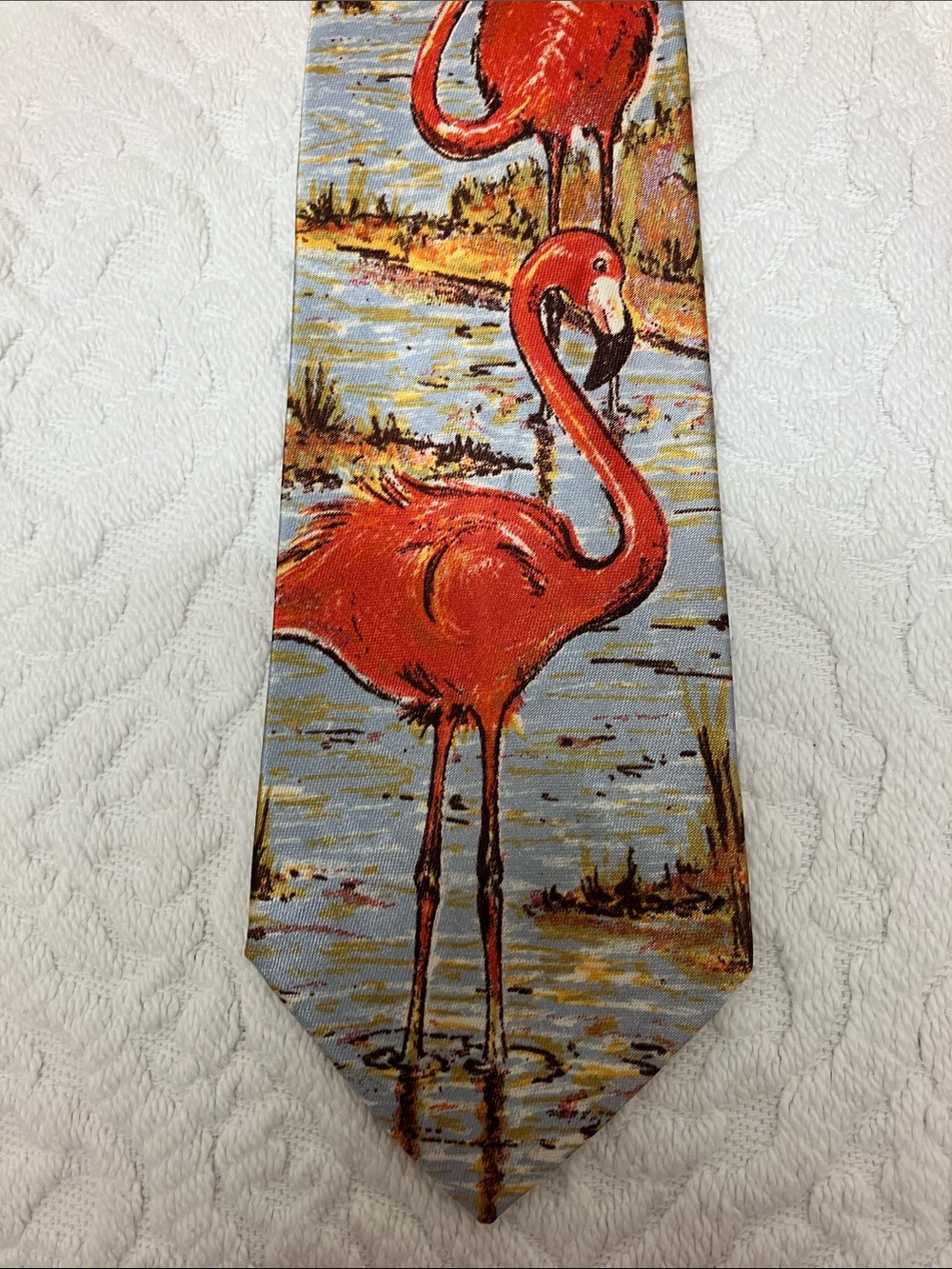 Vintage mid century flamingo silk tie, orange, red blue